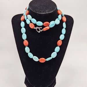 Vintage long silver turquoise coral necklace